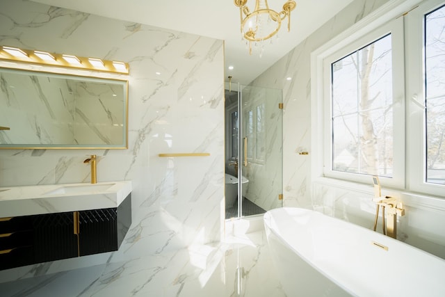 bathroom with stone wall and a marble finish shower