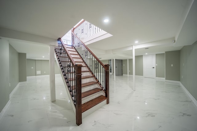 stairs featuring recessed lighting, baseboards, and marble finish floor