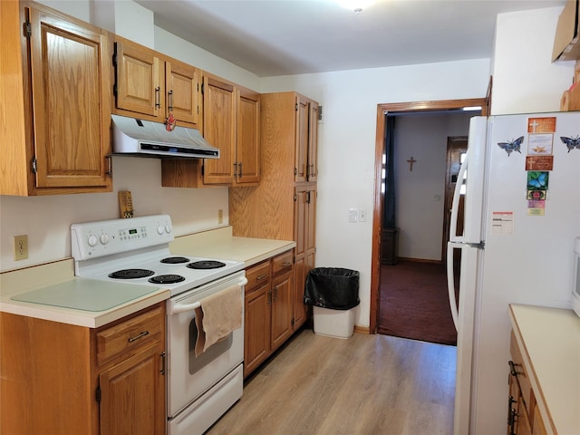 kitchen featuring under cabinet range hood, light wood-style flooring, white appliances, and light countertops