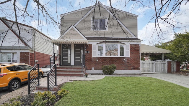 view of front of property featuring brick siding, fence, a front yard, a carport, and driveway