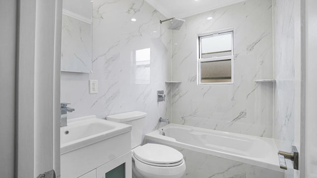 bathroom featuring toilet, vanity, ornamental molding, tile walls, and  shower combination