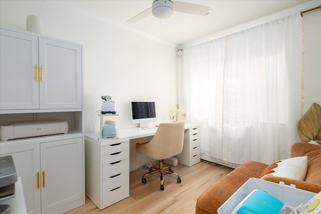 office area with light wood-style flooring, ceiling fan, and ornamental molding