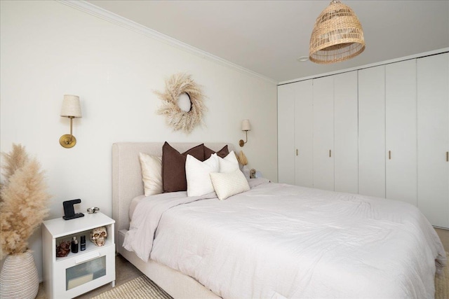 bedroom with a closet and ornamental molding