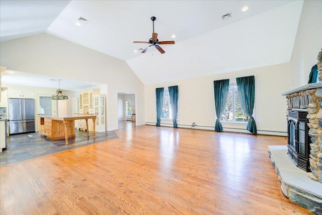 69 Leber Rd, Blauvelt, NY 10913 - living room with visible vents, a ceiling fan, high vaulted ceiling, and a fireplace