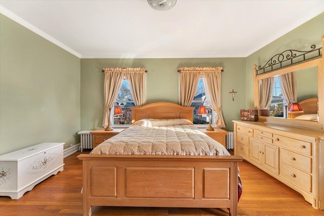 bedroom with multiple windows, light wood-style floors, and ornamental molding