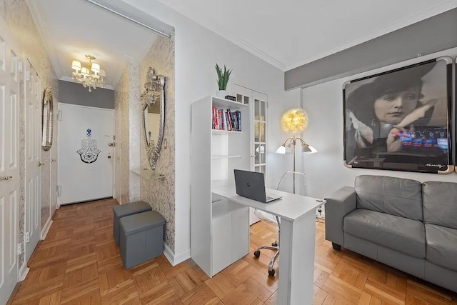 office area featuring baseboards, an inviting chandelier, and ornamental molding