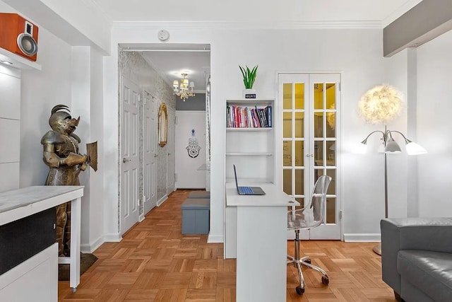 office with baseboards and crown molding