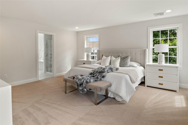 bedroom featuring recessed lighting, visible vents, baseboards, and carpet flooring