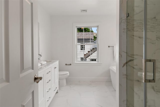 bathroom with a marble finish shower, baseboards, toilet, marble finish floor, and vanity