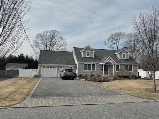 cape cod house featuring a front lawn, fence, roof with shingles, a garage, and driveway