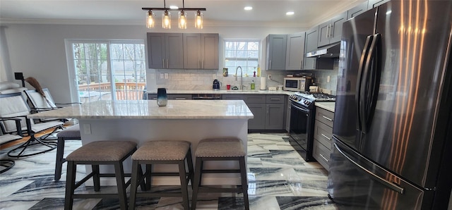 164 Lake Shore Dr E, Rock Hill, NY 12775 - kitchen featuring freestanding refrigerator, black range oven, gray cabinetry, stainless steel microwave, and crown molding