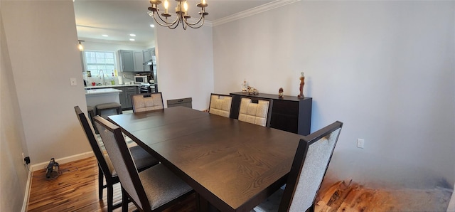 164 Lake Shore Dr E, Rock Hill, NY 12775 - dining space with ornamental molding, a chandelier, wood finished floors, and recessed lighting