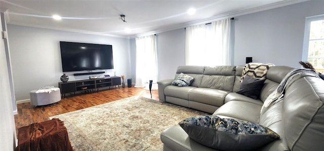 164 Lake Shore Dr E, Rock Hill, NY 12775 - living room featuring ornamental molding, wood finished floors, and recessed lighting
