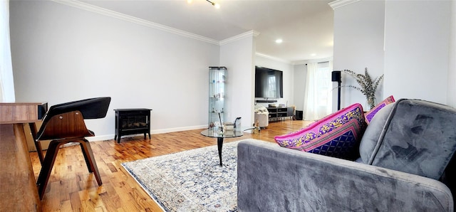 164 Lake Shore Dr E, Rock Hill, NY 12775 - living room featuring crown molding, wood finished floors, and a wood stove