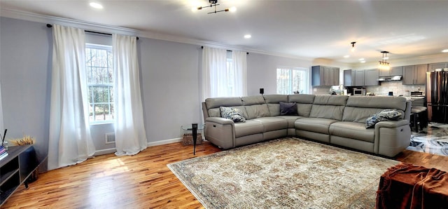 164 Lake Shore Dr E, Rock Hill, NY 12775 - living area featuring ornamental molding, light wood-style flooring, and recessed lighting