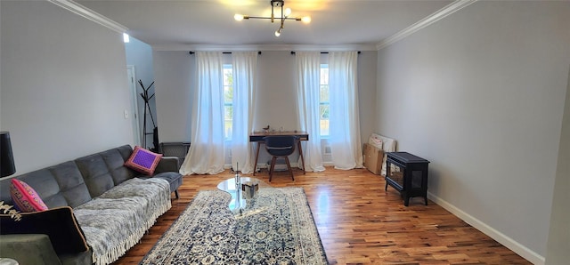 164 Lake Shore Dr E, Rock Hill, NY 12775 - living room featuring ornamental molding, wood finished floors, and a wood stove
