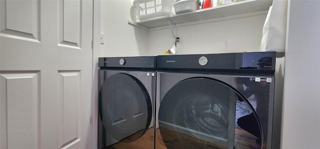164 Lake Shore Dr E, Rock Hill, NY 12775 - laundry area with washer and clothes dryer and wood finished floors