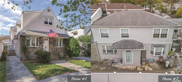 view of front of property featuring a fenced front yard and roof with shingles