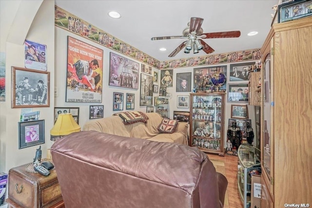 interior space with recessed lighting and ceiling fan