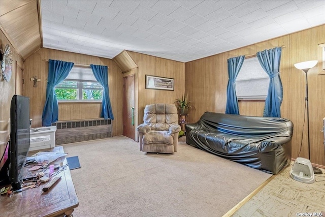 carpeted living room with wood walls