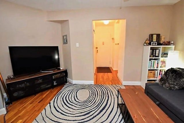 living area featuring wood finished floors and baseboards