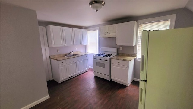 kitchen with under cabinet range hood, dark wood-style floors, white appliances, and white cabinetry