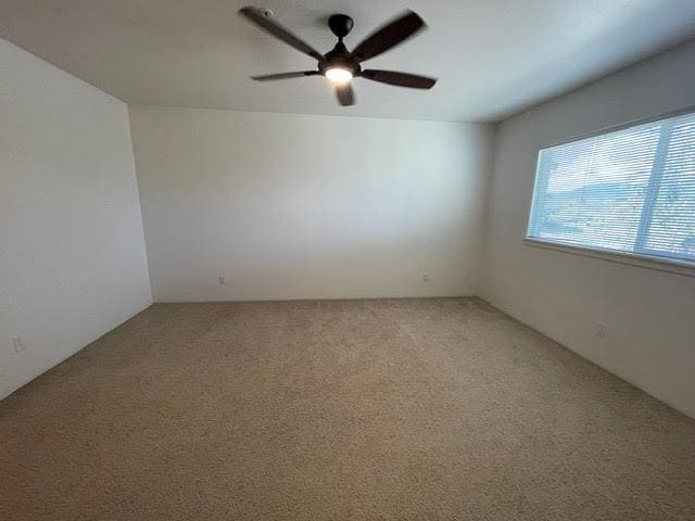 carpeted empty room featuring ceiling fan