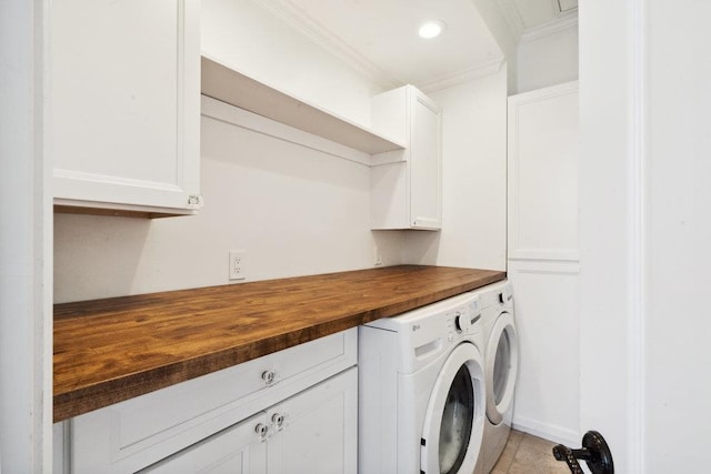 clothes washing area with crown molding, light tile patterned floors, recessed lighting, cabinet space, and separate washer and dryer