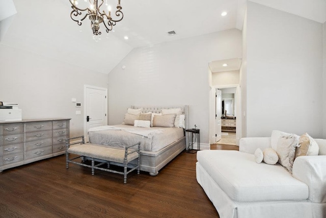 bedroom featuring dark wood finished floors, a chandelier, recessed lighting, and high vaulted ceiling