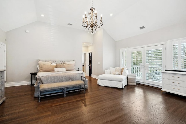 bedroom featuring visible vents, baseboards, dark wood-style flooring, access to exterior, and a notable chandelier