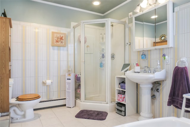 full bath featuring baseboard heating, a stall shower, tile walls, and crown molding