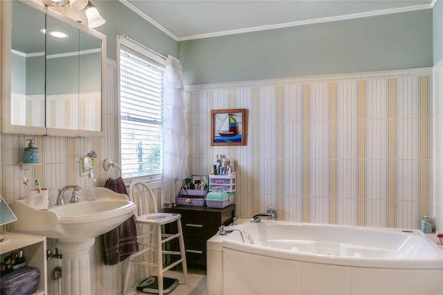 bathroom featuring tile walls, plenty of natural light, and a tub