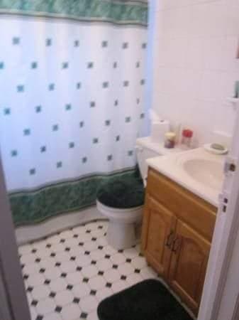 full bath with a shower with curtain, toilet, and vanity