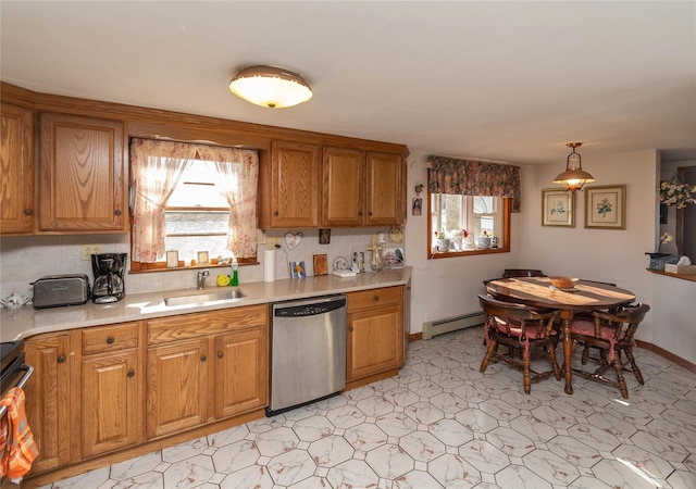 kitchen with a sink, brown cabinets, a baseboard heating unit, and stainless steel dishwasher