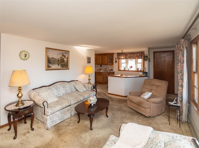 living room with light colored carpet