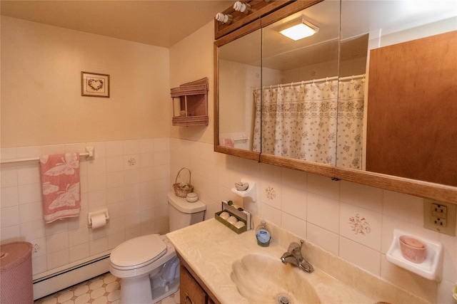 bathroom with tile walls, toilet, a shower with curtain, vanity, and a baseboard radiator