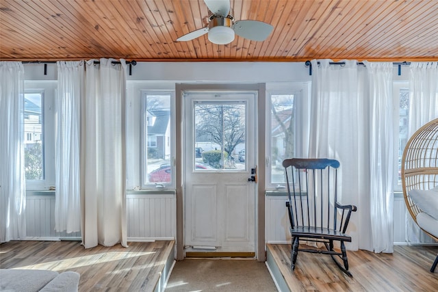 interior space with ceiling fan, wood ceiling, and wood finished floors