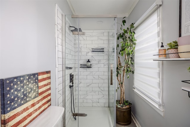 full bathroom featuring toilet and a shower stall