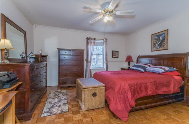 bedroom featuring ceiling fan and ornamental molding