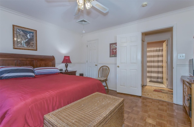 bedroom with ceiling fan, visible vents, a closet, and ornamental molding