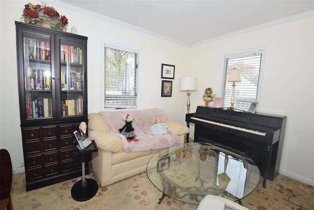living area featuring baseboards and ornamental molding