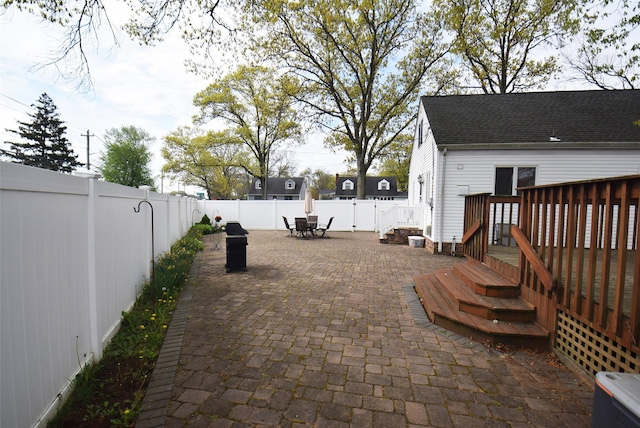 view of patio / terrace featuring a wooden deck and a fenced backyard