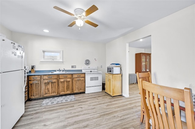 kitchen featuring radiator, light wood-type flooring, white appliances, a ceiling fan, and a sink