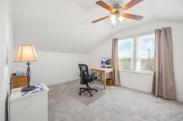 office with vaulted ceiling, carpet, baseboards, and ceiling fan