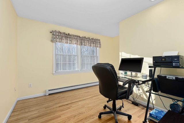 office space with a baseboard radiator, baseboards, and wood finished floors