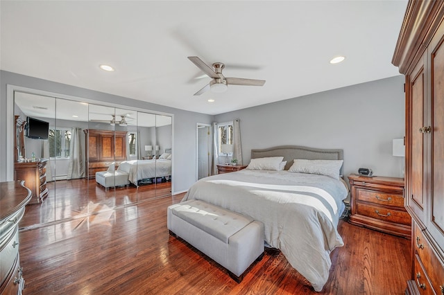 bedroom featuring recessed lighting, wood finished floors, and a ceiling fan