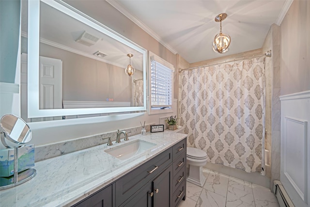 bathroom with vanity, crown molding, marble finish floor, and baseboard heating