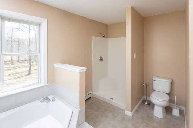 full bathroom with a garden tub, toilet, baseboards, baseboard heating, and walk in shower