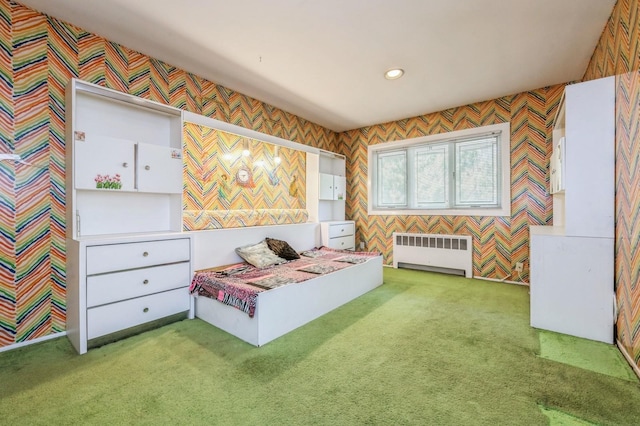 bedroom with recessed lighting, radiator, wallpapered walls, and carpet floors