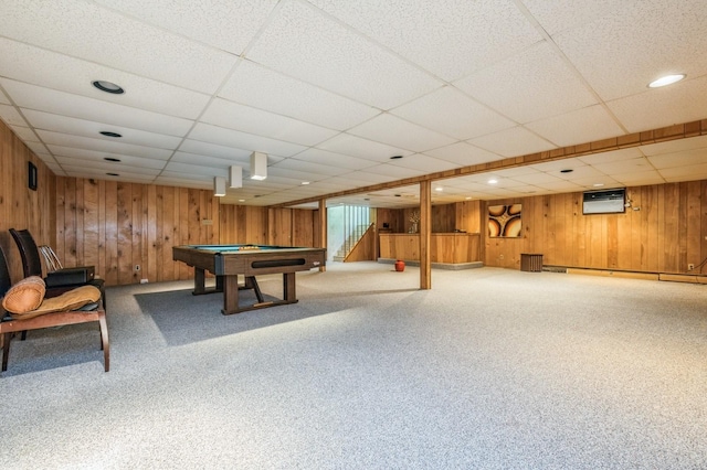 game room featuring wooden walls, a wall unit AC, carpet floors, billiards, and a baseboard radiator